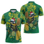 Aussie Honeyeaters Banksia Christmas Zipper Polo Shirt Aboriginal Dots Painting Green Motif - Aussie Hoodie