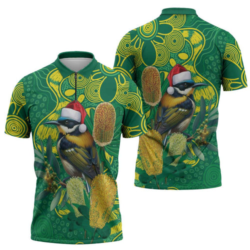Aussie Honeyeaters Banksia Christmas Zipper Polo Shirt Aboriginal Dots Painting Green Motif - Aussie Hoodie