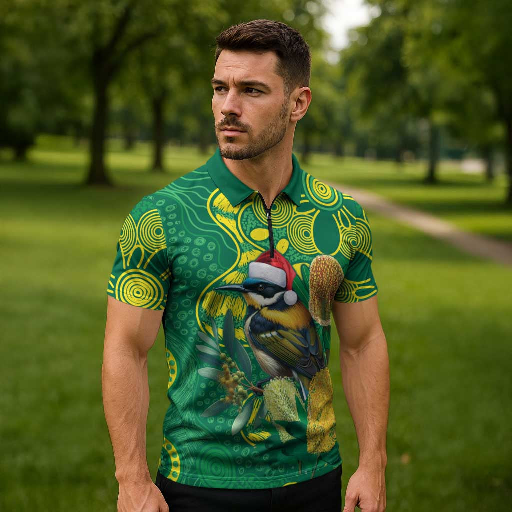 Aussie Honeyeaters Banksia Christmas Zipper Polo Shirt Aboriginal Dots Painting Green Motif - Aussie Hoodie