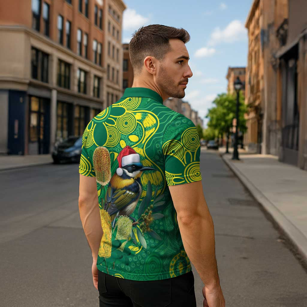 Aussie Honeyeaters Banksia Christmas Zipper Polo Shirt Aboriginal Dots Painting Green Motif - Aussie Hoodie