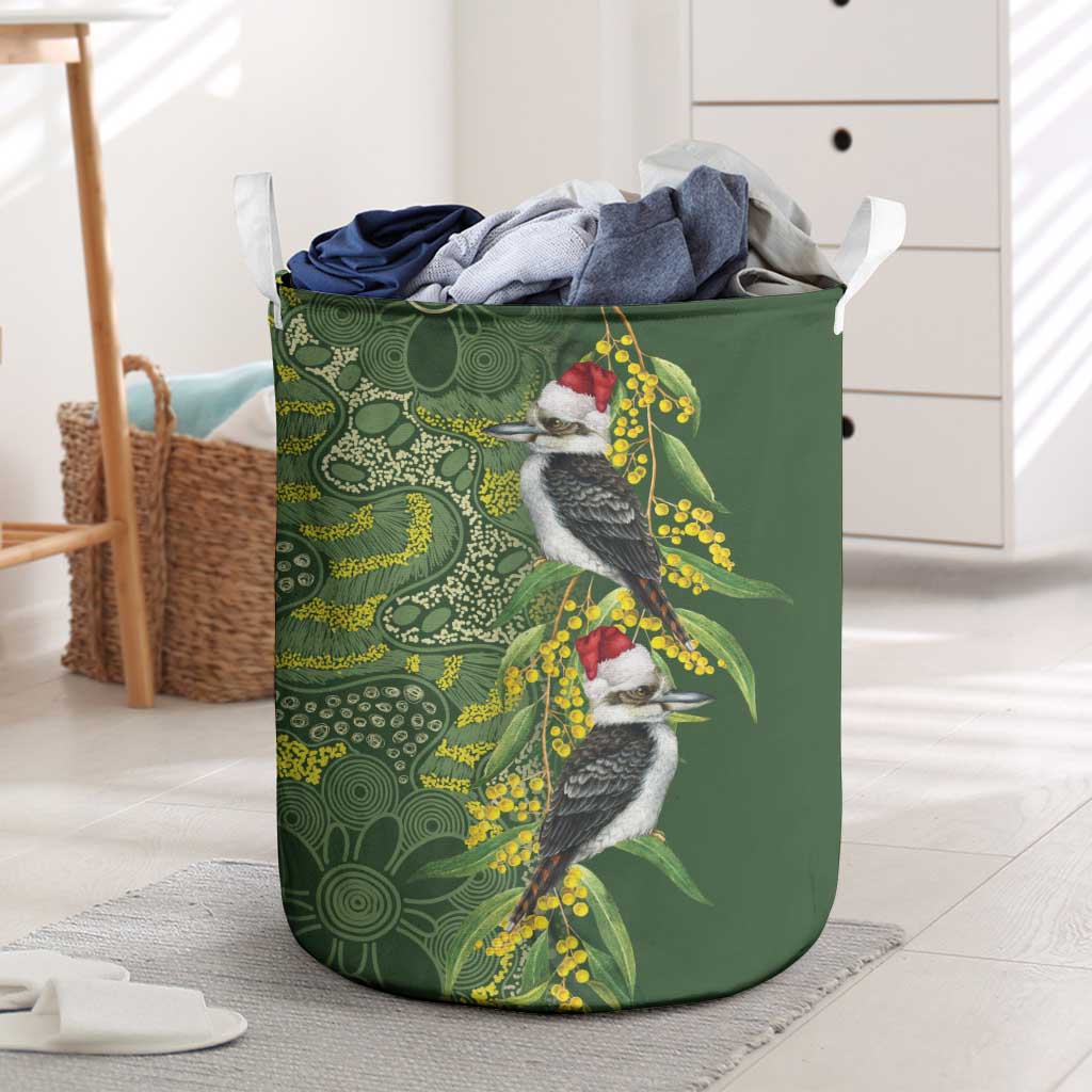 Aussie Kokaburra Golden Wattle Christmas Laundry Basket Aboriginal Dots Painting Green Motif - Aussie Hoodie