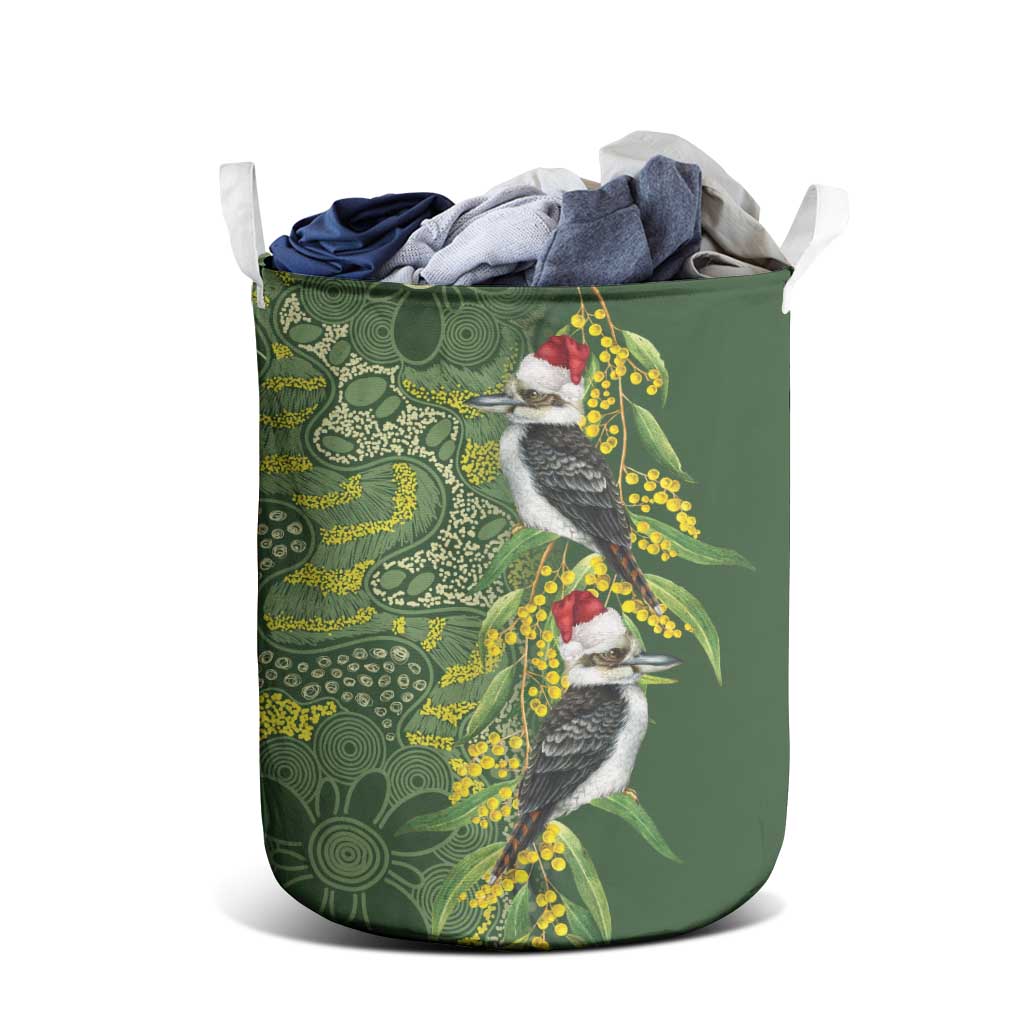 Aussie Kokaburra Golden Wattle Christmas Laundry Basket Aboriginal Dots Painting Green Motif - Aussie Hoodie