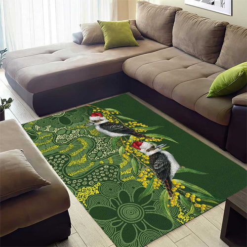 Aussie Kokaburra Golden Wattle Christmas Area Rug Aboriginal Dots Painting Green Motif - Aussie Hoodie