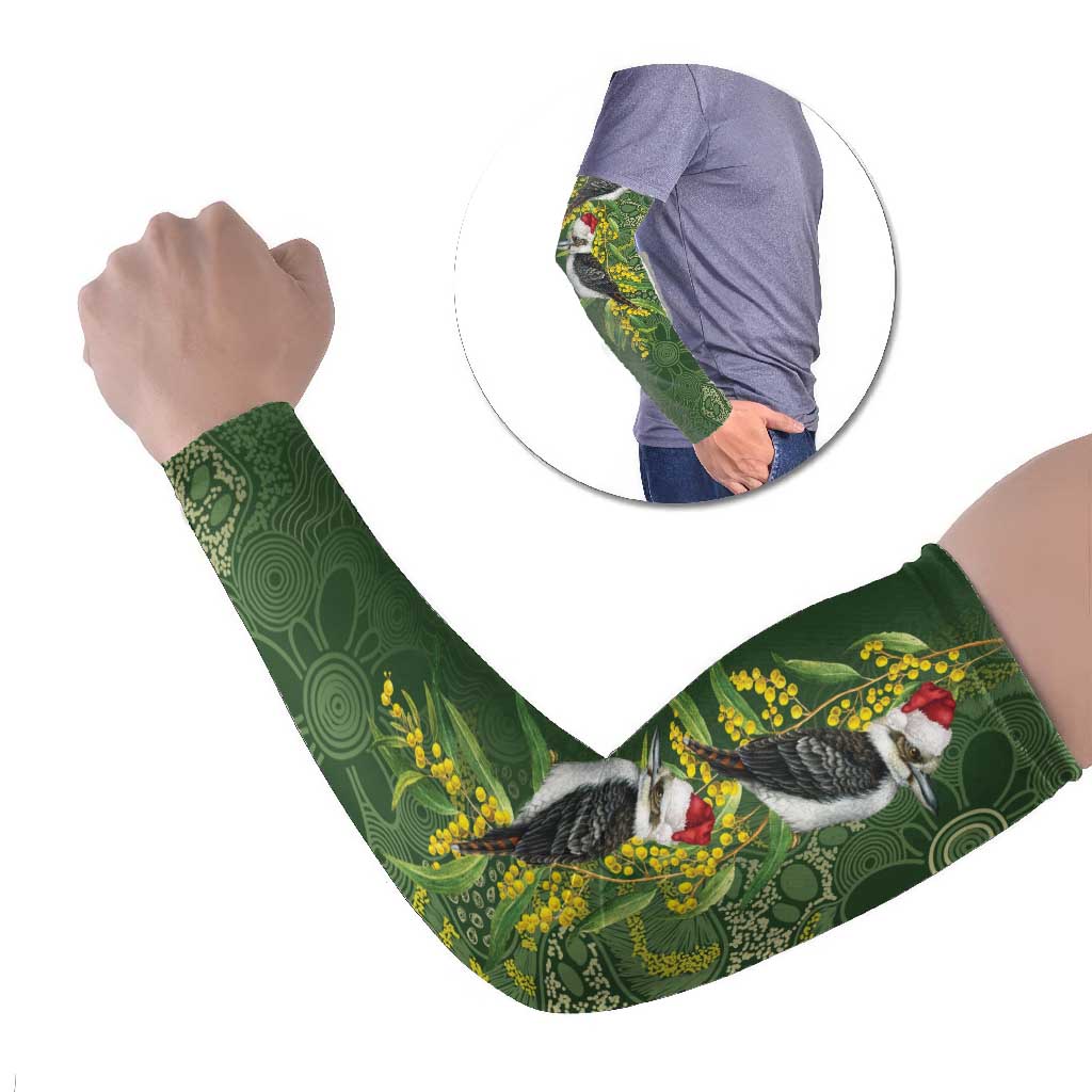 Aussie Kokaburra Golden Wattle Christmas Arm Sleeves Aboriginal Dots Painting Green Motif - Aussie Hoodie