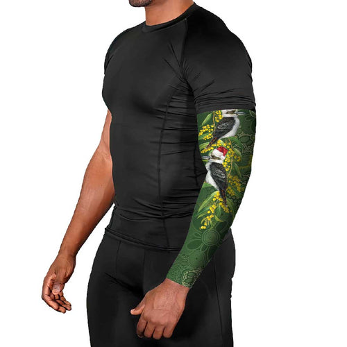 Aussie Kokaburra Golden Wattle Christmas Arm Sleeves Aboriginal Dots Painting Green Motif - Aussie Hoodie