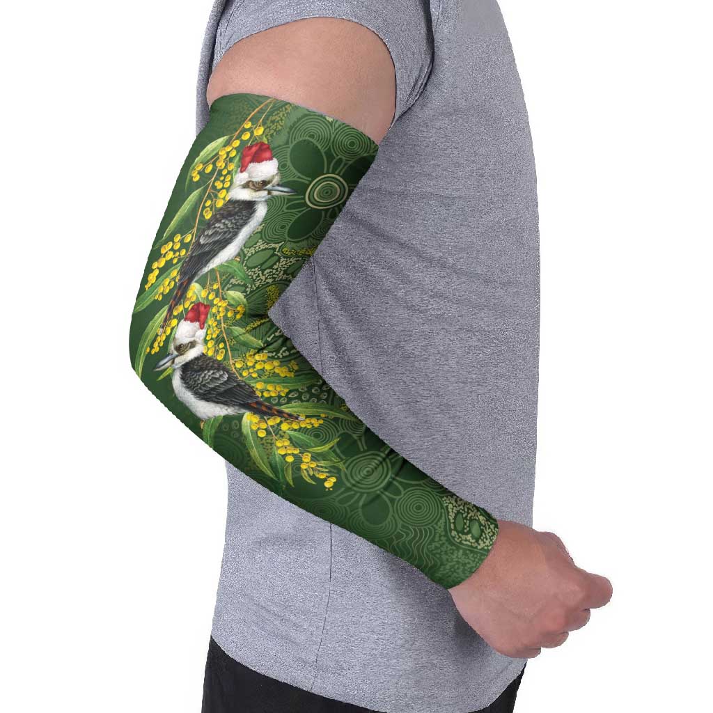 Aussie Kokaburra Golden Wattle Christmas Arm Sleeves Aboriginal Dots Painting Green Motif - Aussie Hoodie