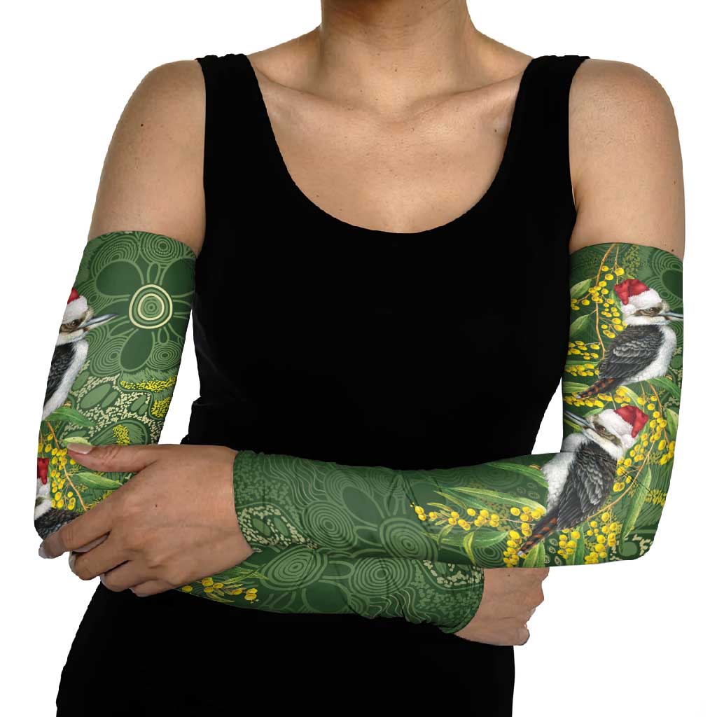 Aussie Kokaburra Golden Wattle Christmas Arm Sleeves Aboriginal Dots Painting Green Motif - Aussie Hoodie