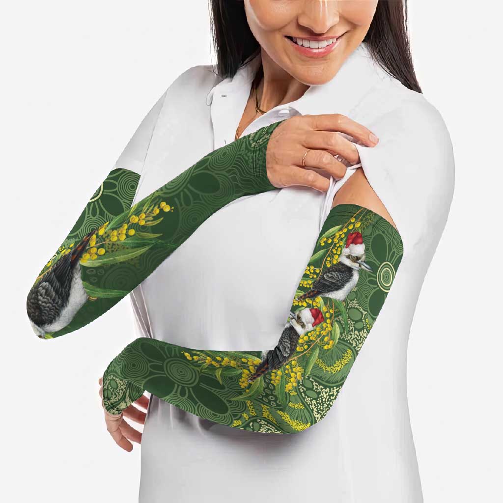 Aussie Kokaburra Golden Wattle Christmas Arm Sleeves Aboriginal Dots Painting Green Motif - Aussie Hoodie