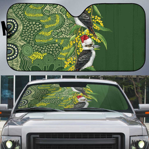 Aussie Kokaburra Golden Wattle Christmas Auto Sun Shade Aboriginal Dots Painting Green Motif - Aussie Hoodie