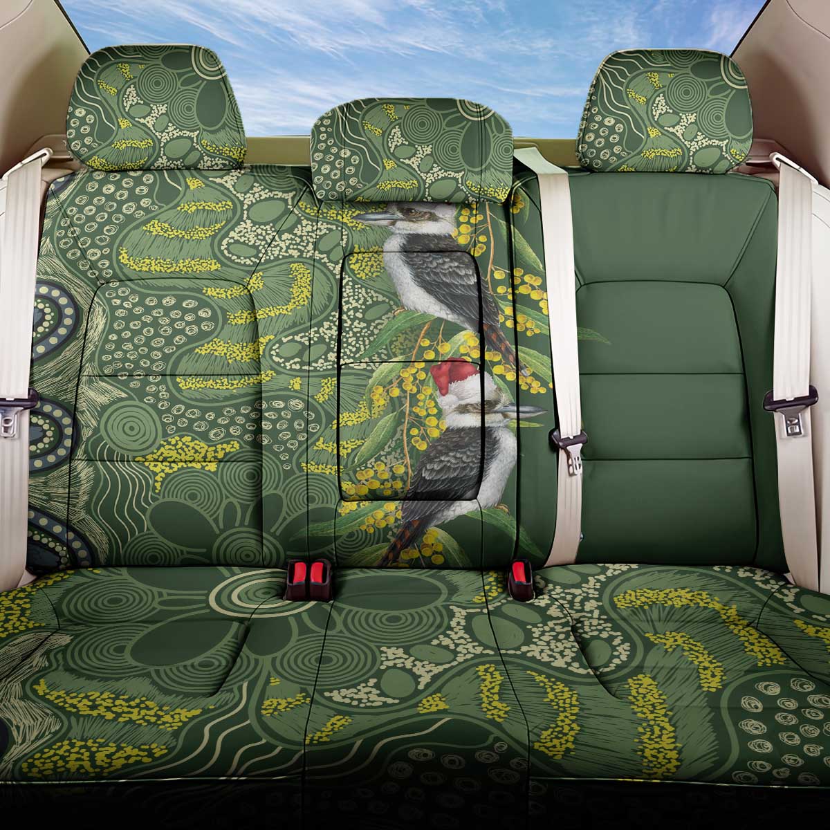 Aussie Kokaburra Golden Wattle Christmas Back Car Seat Cover Aboriginal Dots Painting Green Motif - Aussie Hoodie