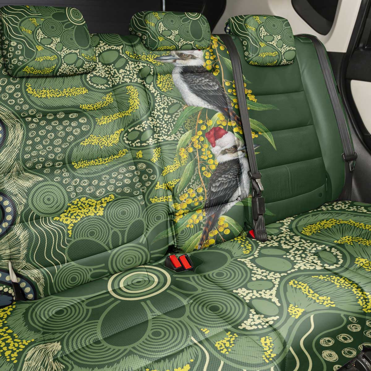 Aussie Kokaburra Golden Wattle Christmas Back Car Seat Cover Aboriginal Dots Painting Green Motif - Aussie Hoodie