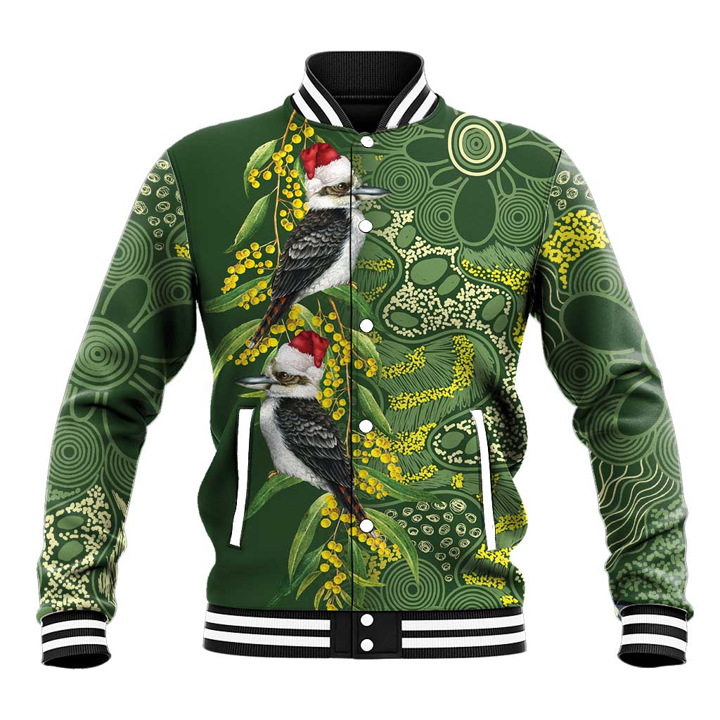Aussie Kokaburra Golden Wattle Christmas Baseball Jacket Aboriginal Dots Painting Green Motif - Aussie Hoodie
