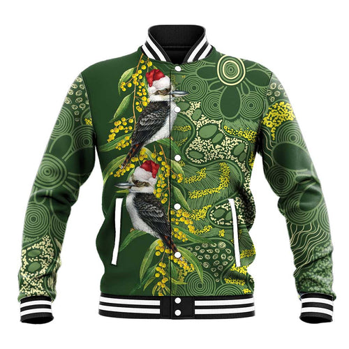 Aussie Kokaburra Golden Wattle Christmas Baseball Jacket Aboriginal Dots Painting Green Motif - Aussie Hoodie