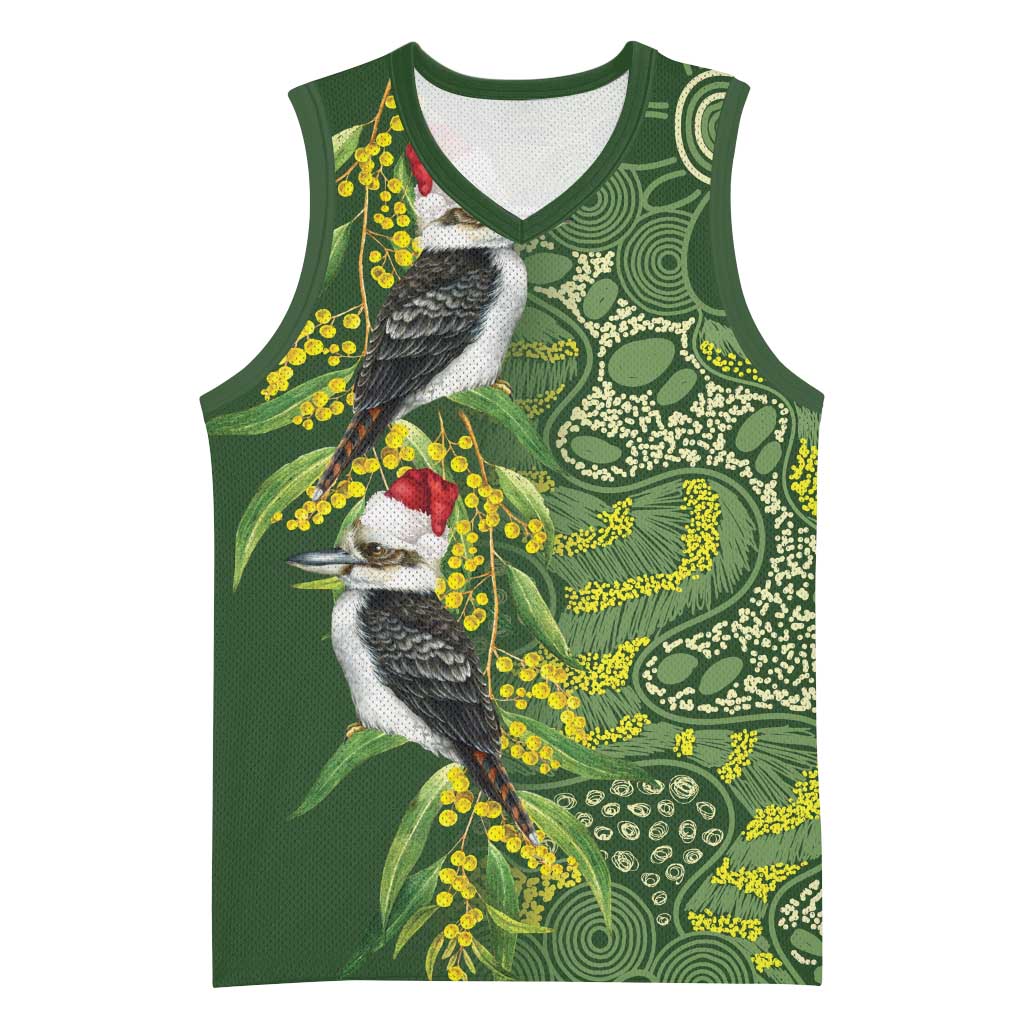 Aussie Kokaburra Golden Wattle Christmas Basketball Jersey Aboriginal Dots Painting Green Motif - Aussie Hoodie