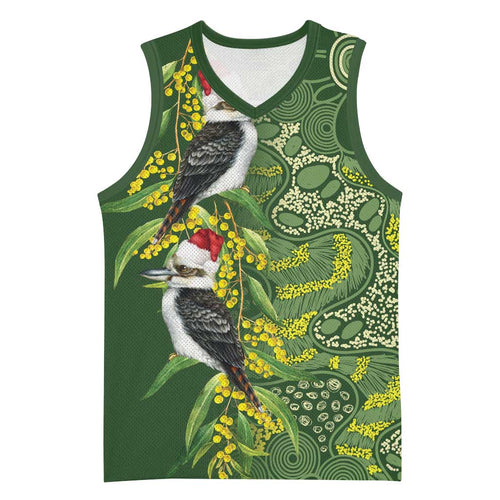 Aussie Kokaburra Golden Wattle Christmas Basketball Jersey Aboriginal Dots Painting Green Motif - Aussie Hoodie