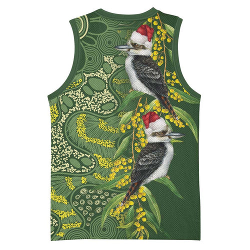 Aussie Kokaburra Golden Wattle Christmas Basketball Jersey Aboriginal Dots Painting Green Motif - Aussie Hoodie