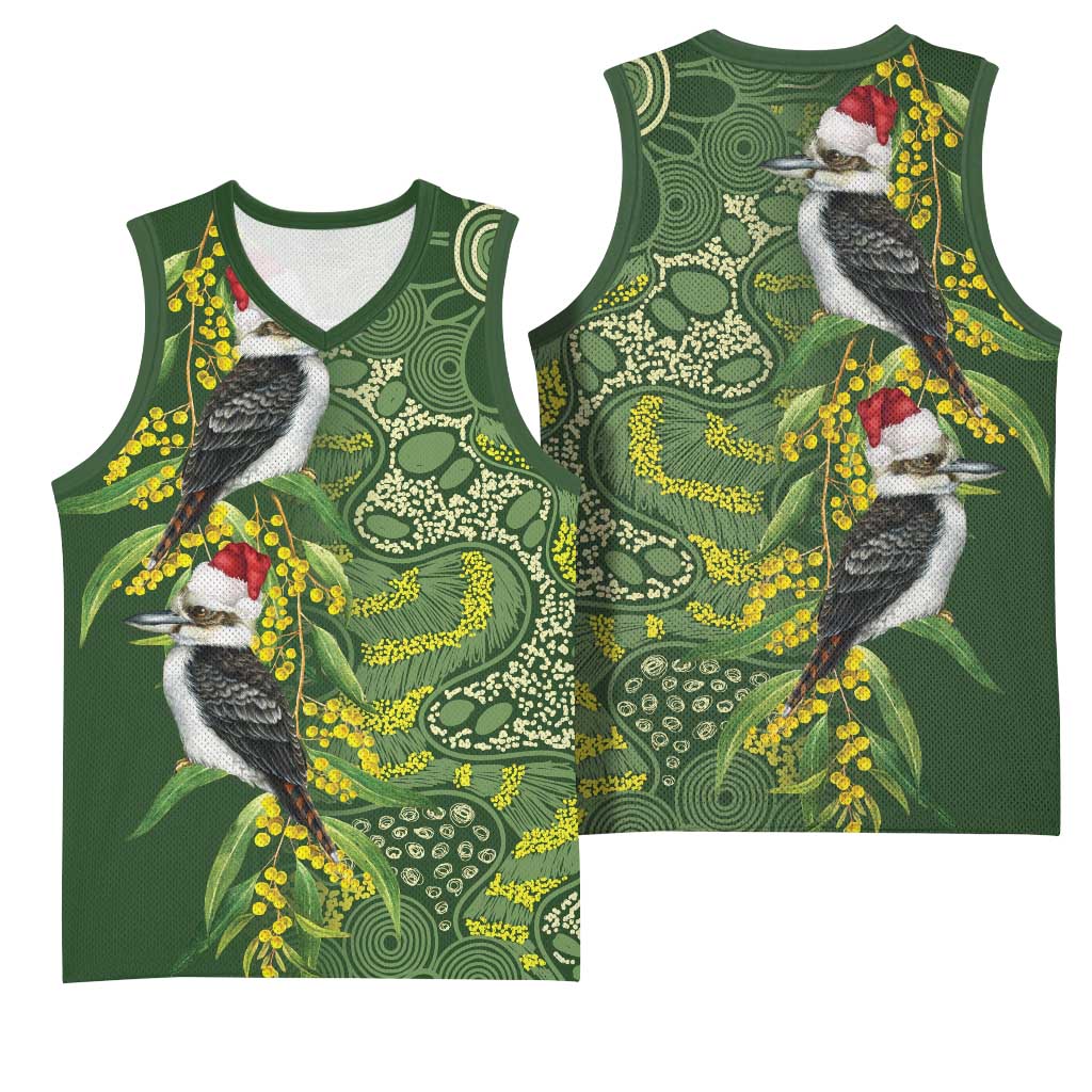 Aussie Kokaburra Golden Wattle Christmas Basketball Jersey Aboriginal Dots Painting Green Motif - Aussie Hoodie