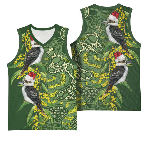 Aussie Kokaburra Golden Wattle Christmas Basketball Jersey Aboriginal Dots Painting Green Motif - Aussie Hoodie