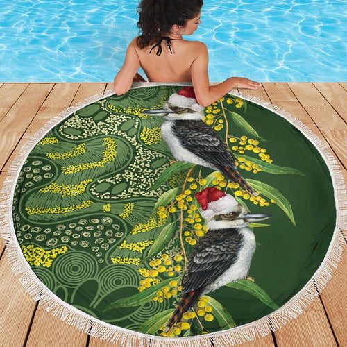 Aussie Kokaburra Golden Wattle Christmas Beach Blanket Aboriginal Dots Painting Green Motif - Aussie Hoodie