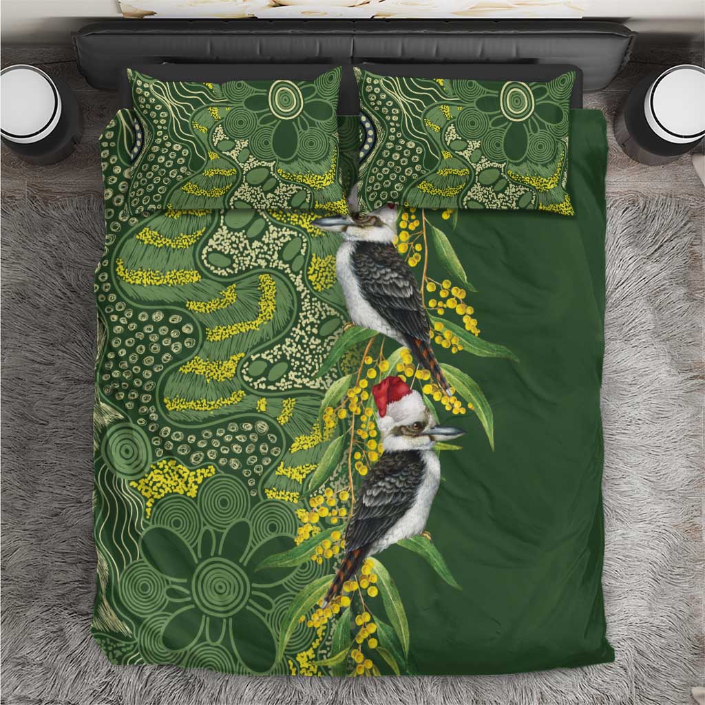Aussie Kokaburra Golden Wattle Christmas Bedding Set Aboriginal Dots Painting Green Motif - Aussie Hoodie