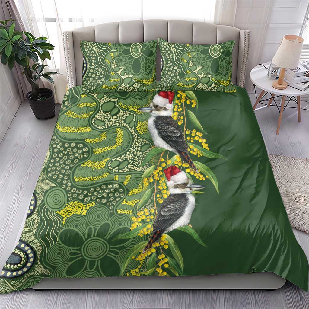 Aussie Kokaburra Golden Wattle Christmas Bedding Set Aboriginal Dots Painting Green Motif - Aussie Hoodie