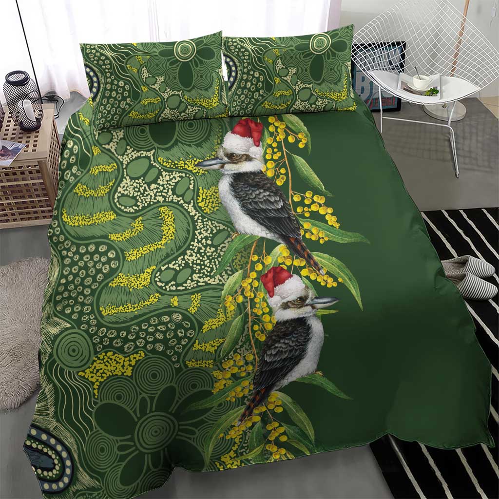 Aussie Kokaburra Golden Wattle Christmas Bedding Set Aboriginal Dots Painting Green Motif - Aussie Hoodie