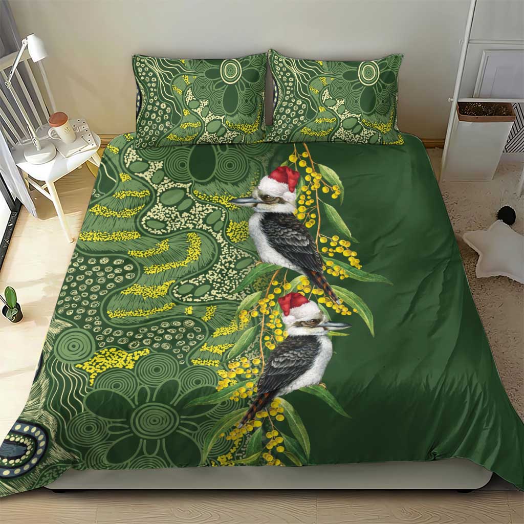 Aussie Kokaburra Golden Wattle Christmas Bedding Set Aboriginal Dots Painting Green Motif - Aussie Hoodie