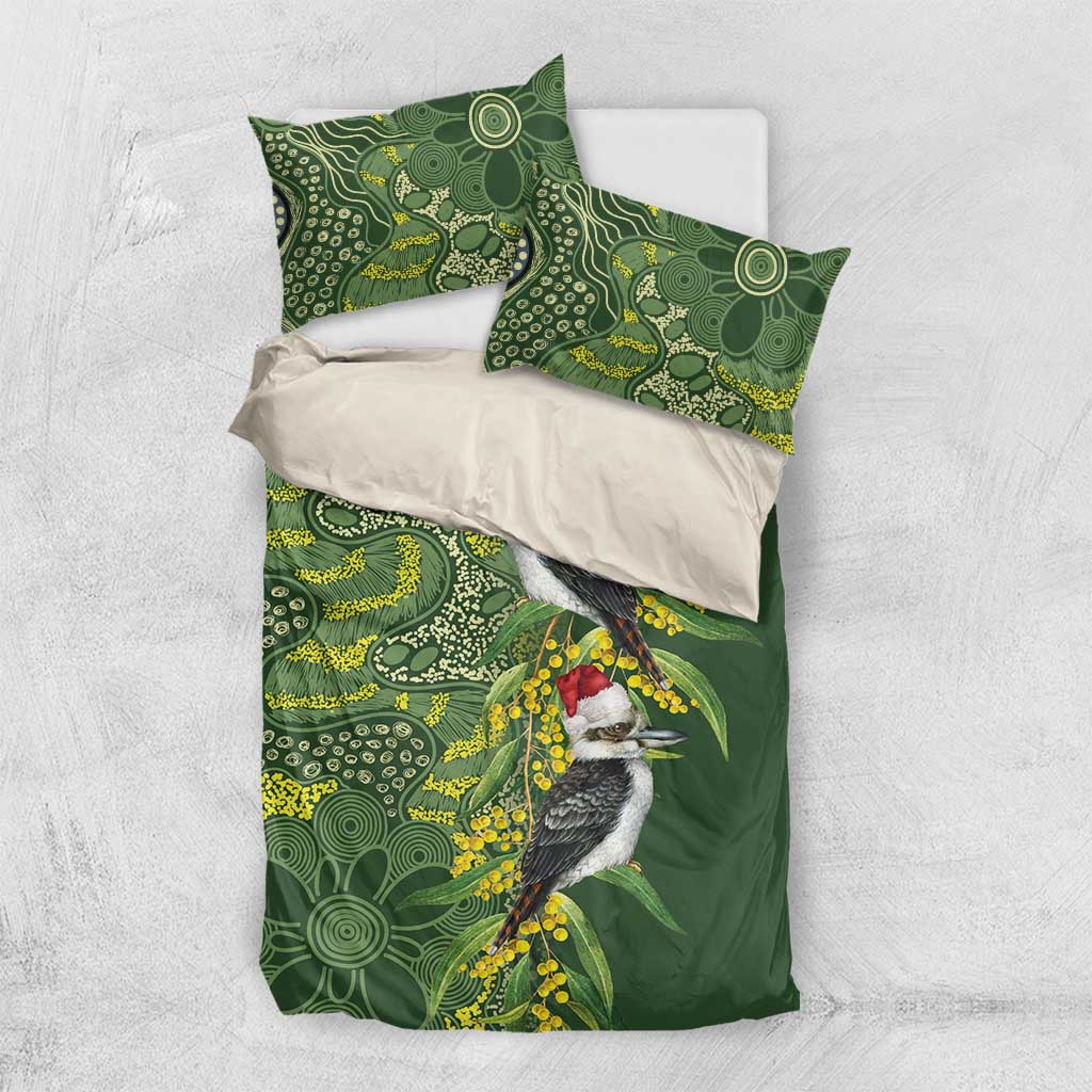 Aussie Kokaburra Golden Wattle Christmas Bedding Set Aboriginal Dots Painting Green Motif - Aussie Hoodie