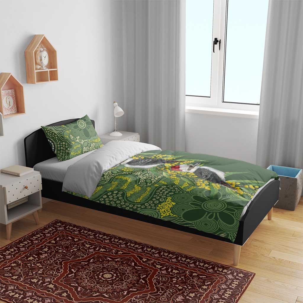 Aussie Kokaburra Golden Wattle Christmas Bedding Set Aboriginal Dots Painting Green Motif - Aussie Hoodie
