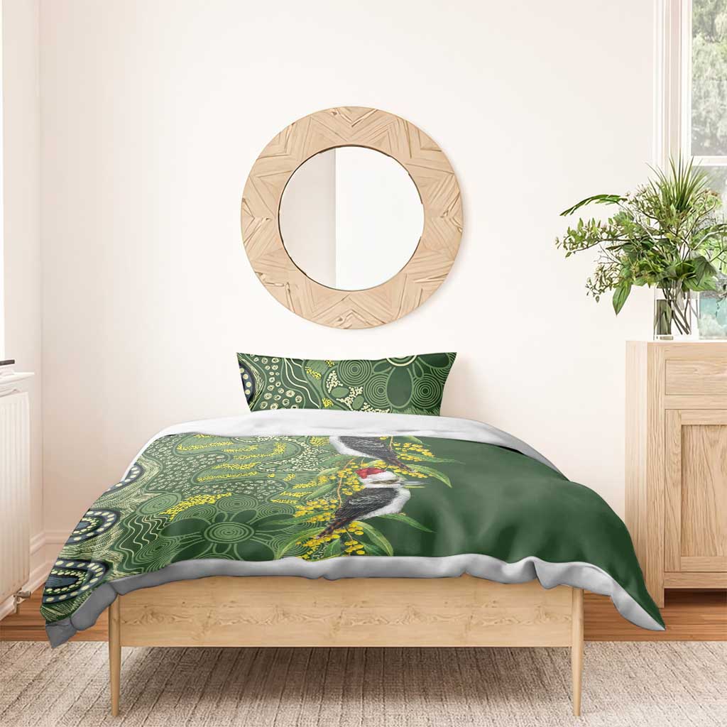 Aussie Kokaburra Golden Wattle Christmas Bedding Set Aboriginal Dots Painting Green Motif - Aussie Hoodie