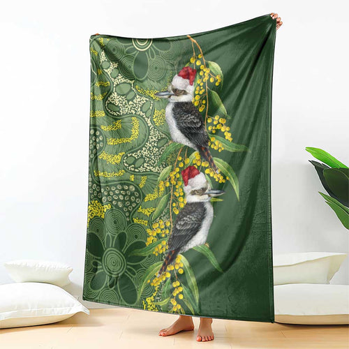 Aussie Kokaburra Golden Wattle Christmas Blanket Aboriginal Dots Painting Green Motif - Aussie Hoodie