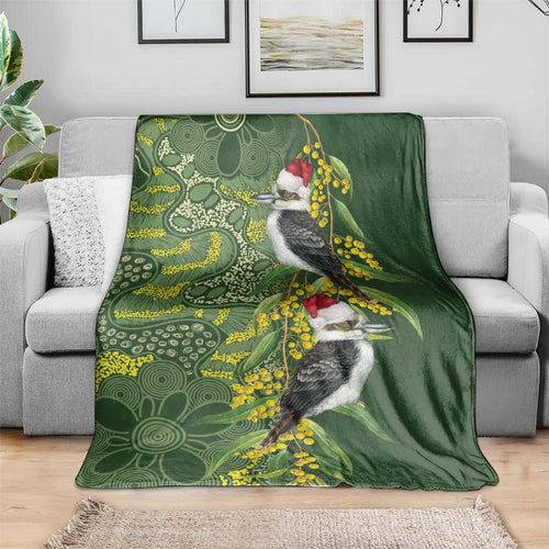 Aussie Kokaburra Golden Wattle Christmas Blanket Aboriginal Dots Painting Green Motif - Aussie Hoodie