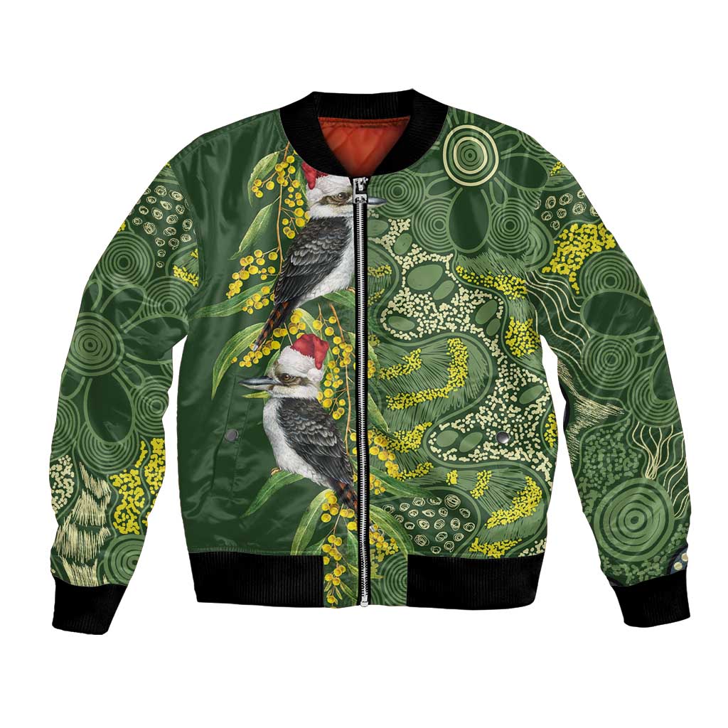 Aussie Kokaburra Golden Wattle Christmas Bomber Jacket Aboriginal Dots Painting Green Motif - Aussie Hoodie