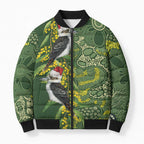 Aussie Kokaburra Golden Wattle Christmas Bomber Puffer Jacket Aboriginal Dots Painting Green Motif - Aussie Hoodie