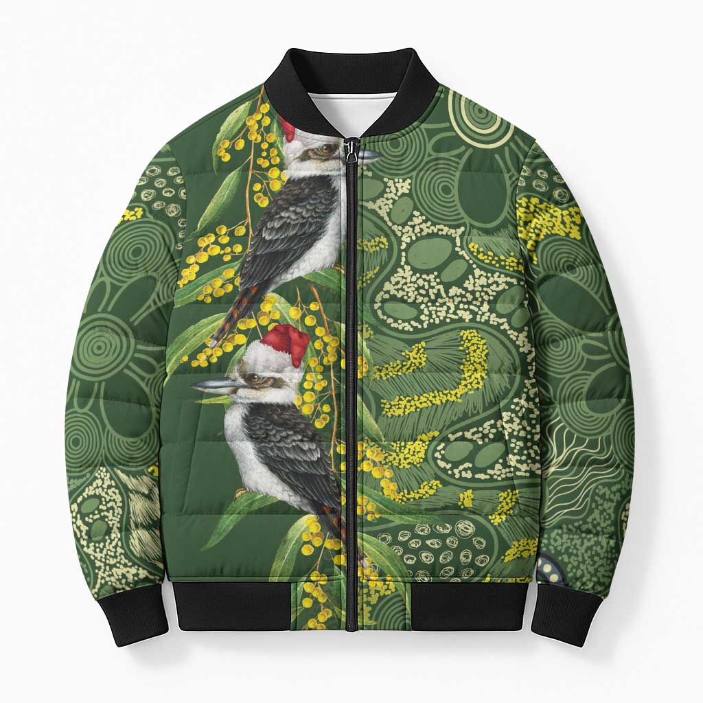 Aussie Kokaburra Golden Wattle Christmas Bomber Puffer Jacket Aboriginal Dots Painting Green Motif - Aussie Hoodie