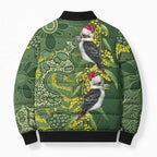Aussie Kokaburra Golden Wattle Christmas Bomber Puffer Jacket Aboriginal Dots Painting Green Motif - Aussie Hoodie