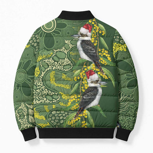 Aussie Kokaburra Golden Wattle Christmas Bomber Puffer Jacket Aboriginal Dots Painting Green Motif - Aussie Hoodie