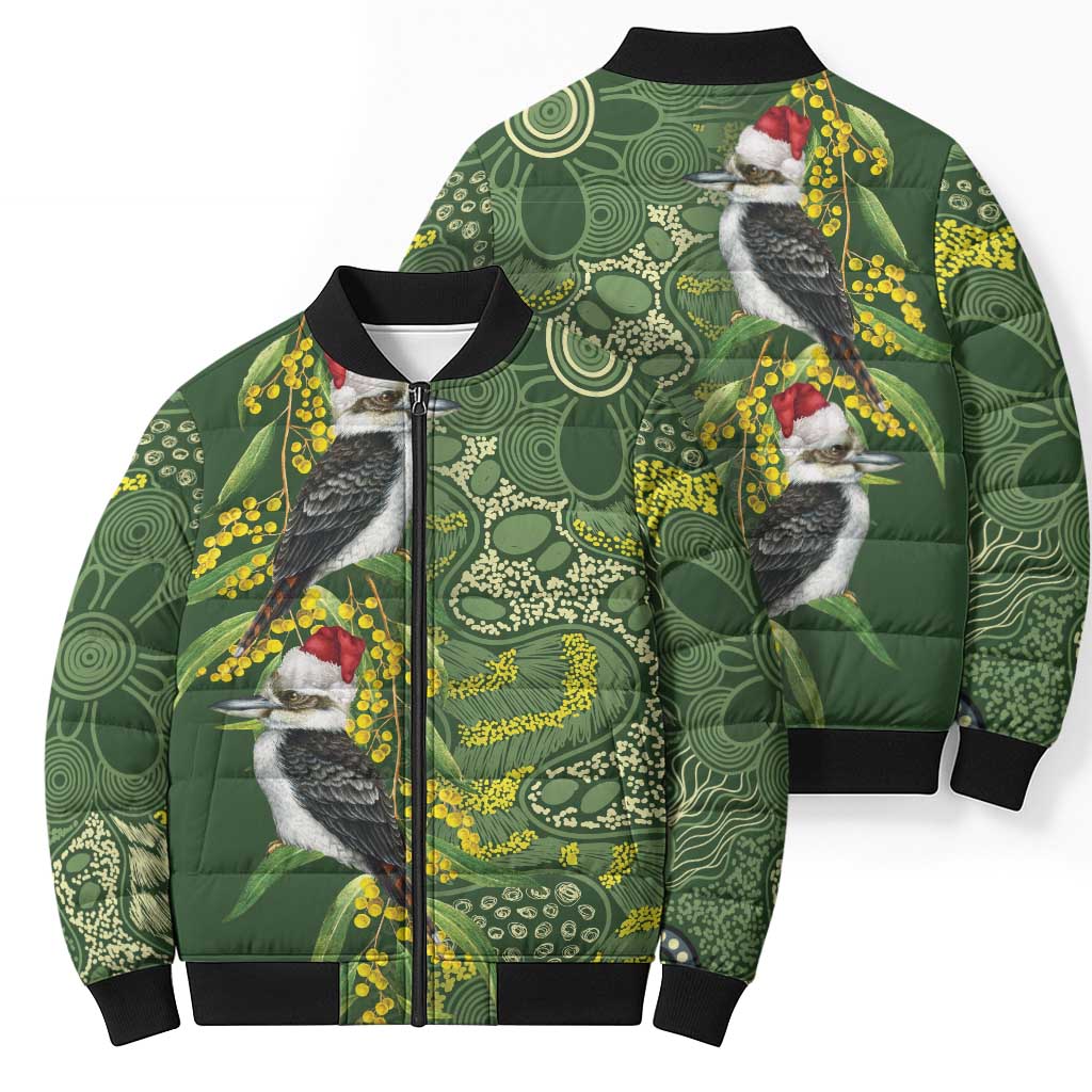 Aussie Kokaburra Golden Wattle Christmas Bomber Puffer Jacket Aboriginal Dots Painting Green Motif - Aussie Hoodie