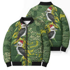 Aussie Kokaburra Golden Wattle Christmas Bomber Puffer Jacket Aboriginal Dots Painting Green Motif - Aussie Hoodie