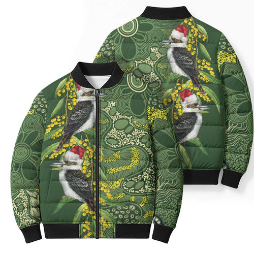 Aussie Kokaburra Golden Wattle Christmas Bomber Puffer Jacket Aboriginal Dots Painting Green Motif - Aussie Hoodie
