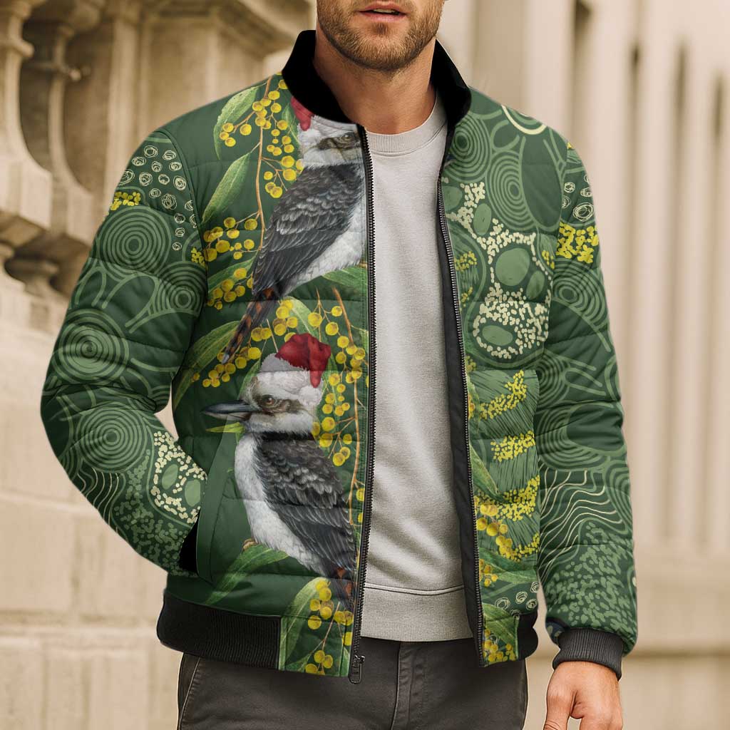 Aussie Kokaburra Golden Wattle Christmas Bomber Puffer Jacket Aboriginal Dots Painting Green Motif - Aussie Hoodie