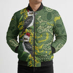 Aussie Kokaburra Golden Wattle Christmas Bomber Puffer Jacket Aboriginal Dots Painting Green Motif - Aussie Hoodie