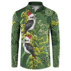 Aussie Kokaburra Golden Wattle Christmas Button Sweatshirt Aboriginal Dots Painting Green Motif - Aussie Hoodie