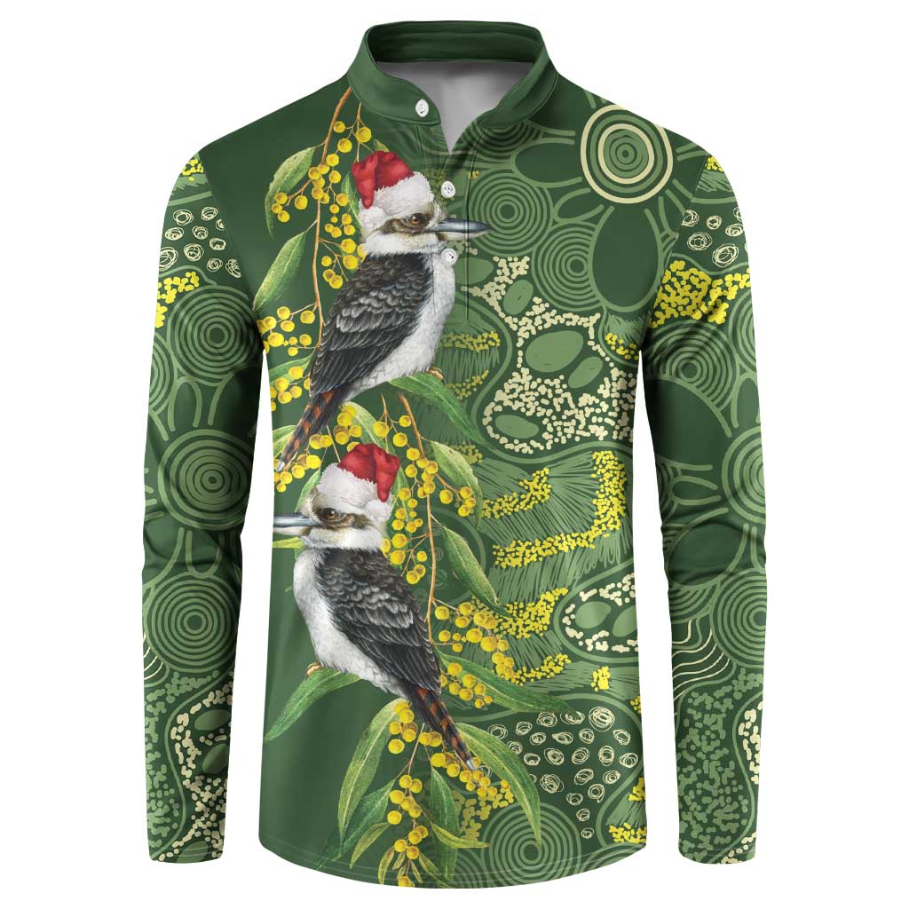 Aussie Kokaburra Golden Wattle Christmas Button Sweatshirt Aboriginal Dots Painting Green Motif - Aussie Hoodie