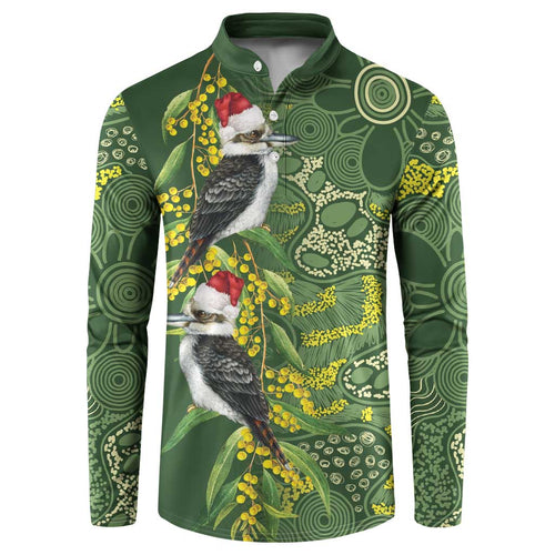 Aussie Kokaburra Golden Wattle Christmas Button Sweatshirt Aboriginal Dots Painting Green Motif - Aussie Hoodie