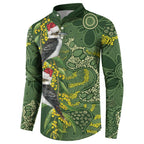 Aussie Kokaburra Golden Wattle Christmas Button Sweatshirt Aboriginal Dots Painting Green Motif - Aussie Hoodie