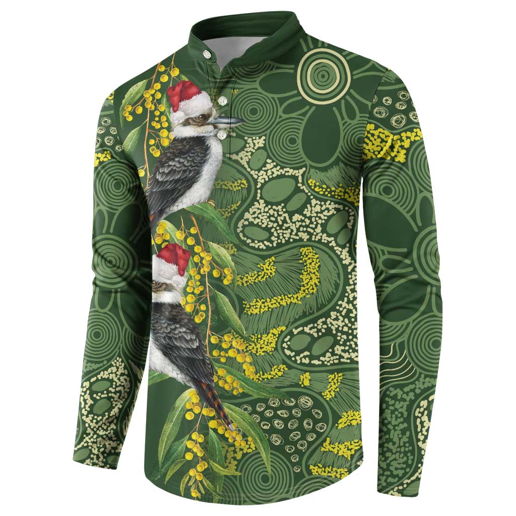 Aussie Kokaburra Golden Wattle Christmas Button Sweatshirt Aboriginal Dots Painting Green Motif - Aussie Hoodie