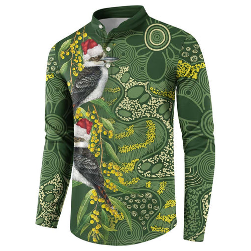 Aussie Kokaburra Golden Wattle Christmas Button Sweatshirt Aboriginal Dots Painting Green Motif - Aussie Hoodie
