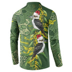 Aussie Kokaburra Golden Wattle Christmas Button Sweatshirt Aboriginal Dots Painting Green Motif - Aussie Hoodie