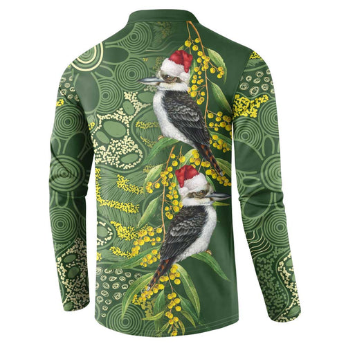 Aussie Kokaburra Golden Wattle Christmas Button Sweatshirt Aboriginal Dots Painting Green Motif - Aussie Hoodie